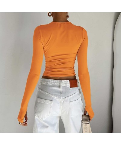 Women Y2k Skinny Long Sleeve Shirts Crewneck Slim Fitted Crop Top Solid Going Out Streetwear Tees 04-orange $9.87 Tees