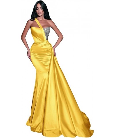 Women's One Shoulder Sequin Mermaid Prom Dresses Satin Ruched Ball Gowns Long Formal Evening Party Dress Dark Gold $38.99 Dre...