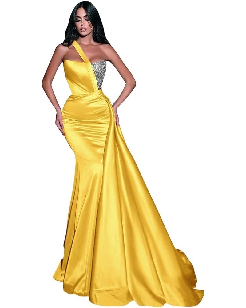 Women's One Shoulder Sequin Mermaid Prom Dresses Satin Ruched Ball Gowns Long Formal Evening Party Dress Dark Gold $38.99 Dre...