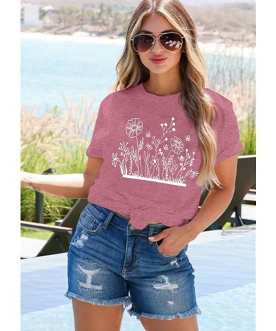 Wildflower Shirts for Women Floral Graphic Tees Summer Flower Print Casual Short Sleeve Tee Tops Plant Lover Tshirts Pink $10...