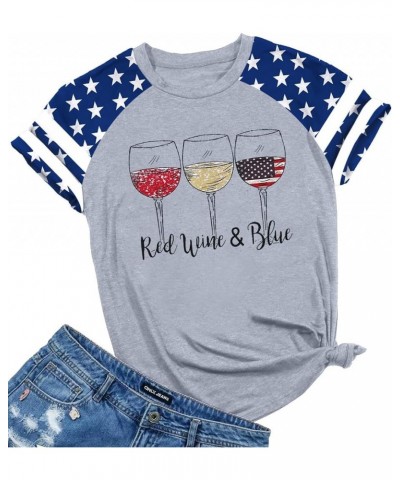 Patriotic Shirts for Women Red White and Blue Shirts American Flag Shirt 4th of July Tops Funny Wine Glass Graphic Tees Grey ...