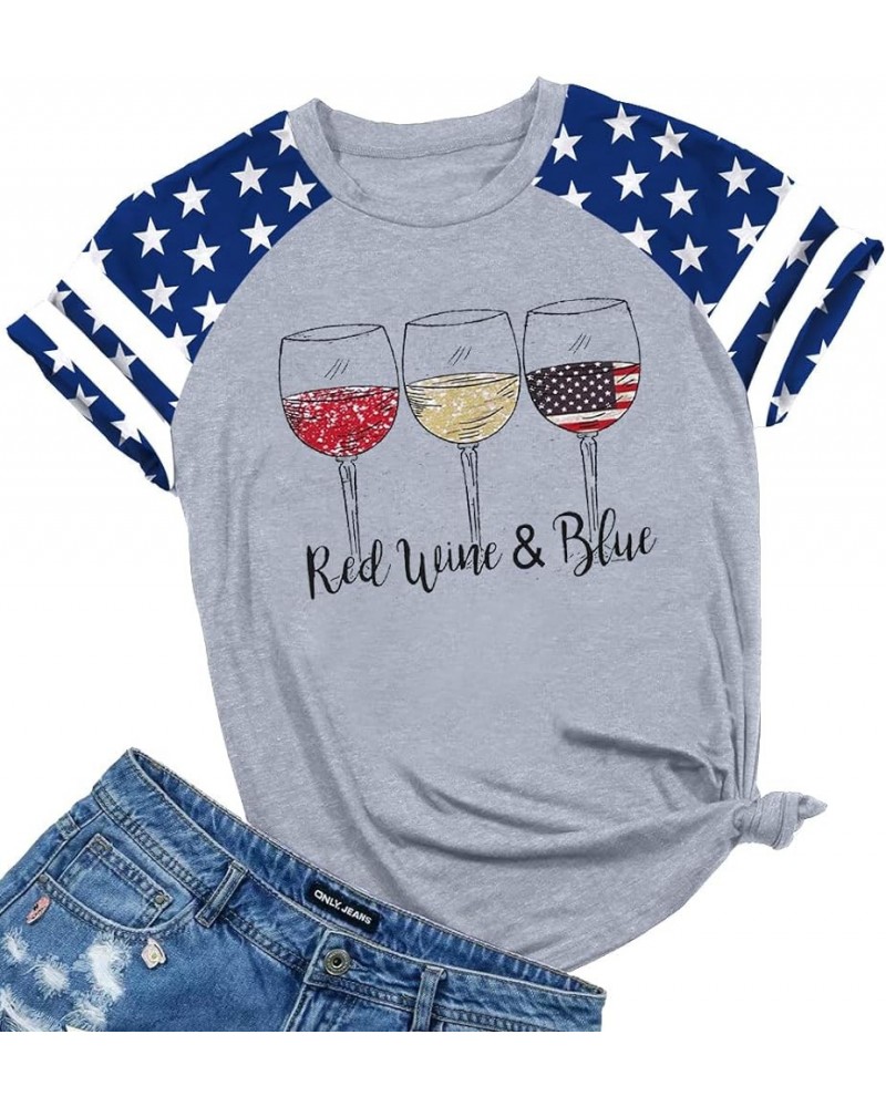 Patriotic Shirts for Women Red White and Blue Shirts American Flag Shirt 4th of July Tops Funny Wine Glass Graphic Tees Grey ...