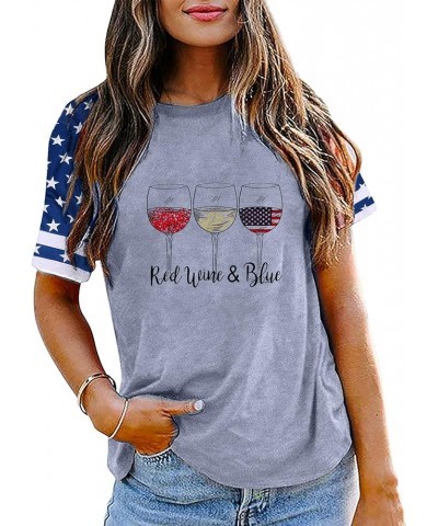 Patriotic Shirts for Women Red White and Blue Shirts American Flag Shirt 4th of July Tops Funny Wine Glass Graphic Tees Grey ...