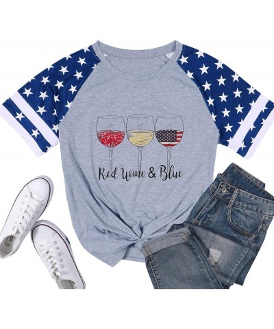 Patriotic Shirts for Women Red White and Blue Shirts American Flag Shirt 4th of July Tops Funny Wine Glass Graphic Tees Grey ...