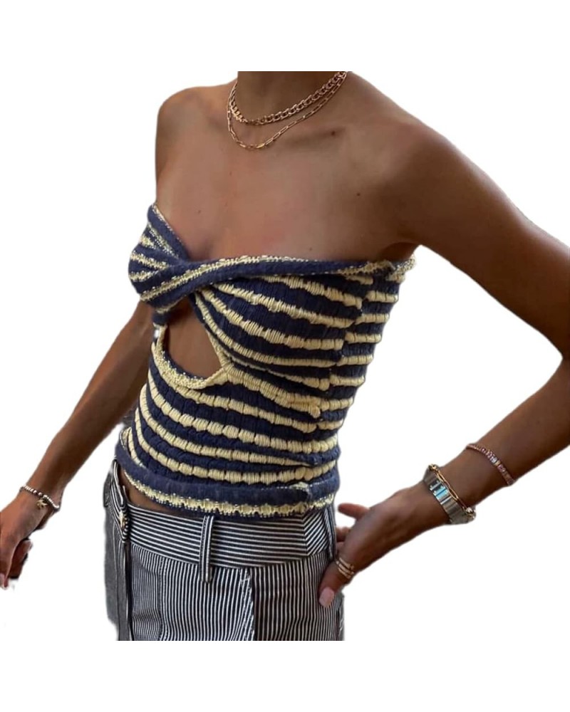 Women 's Sexy Strapless Tube Top Sleeveless Solid Color Bandage Crop Tank Tops Off Shoulder Cami A-blue Stripe $9.29 Tanks