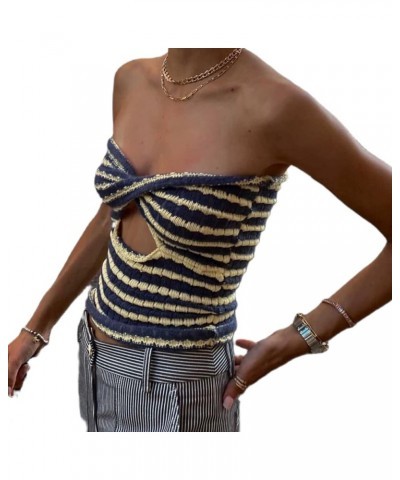 Women 's Sexy Strapless Tube Top Sleeveless Solid Color Bandage Crop Tank Tops Off Shoulder Cami A-blue Stripe $9.29 Tanks