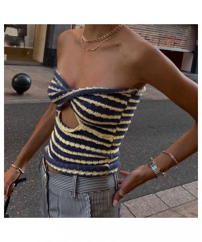 Women 's Sexy Strapless Tube Top Sleeveless Solid Color Bandage Crop Tank Tops Off Shoulder Cami A-blue Stripe $9.29 Tanks