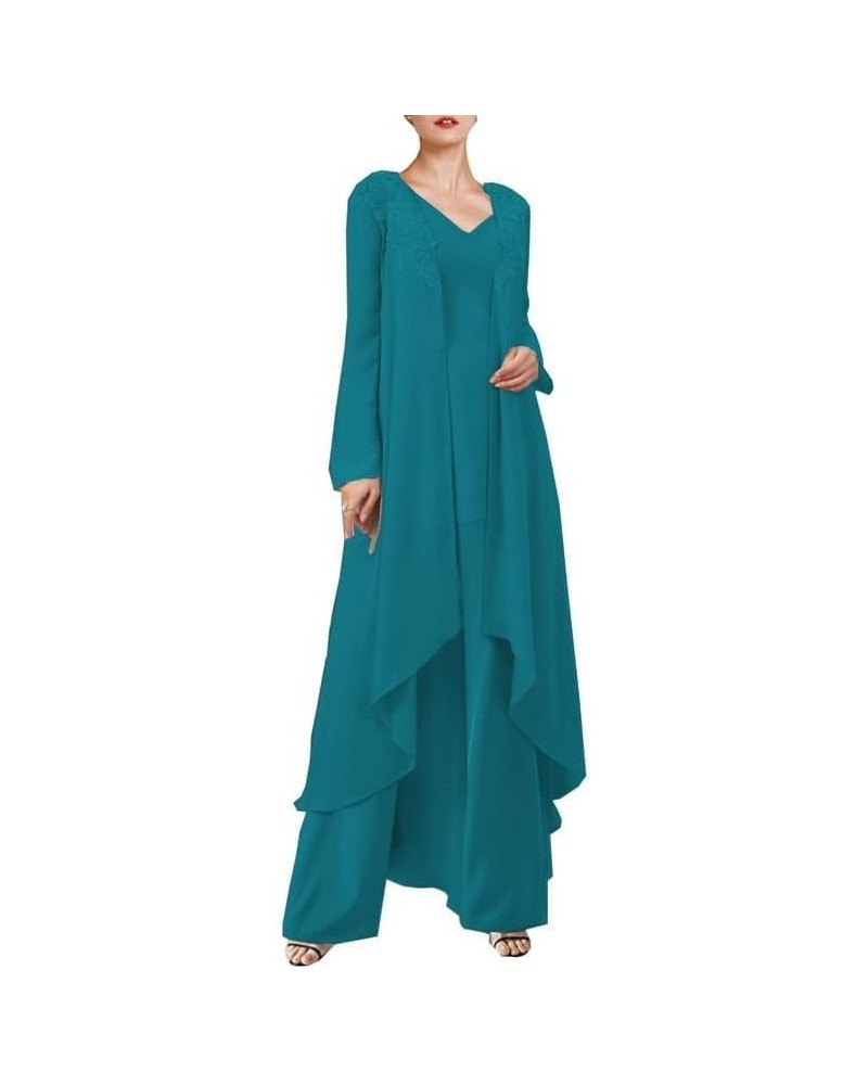 Mother of The Bride Dresses 3 Pieces Pant Suits - Formal Dress with Long Jacket Teal $42.55 Suits