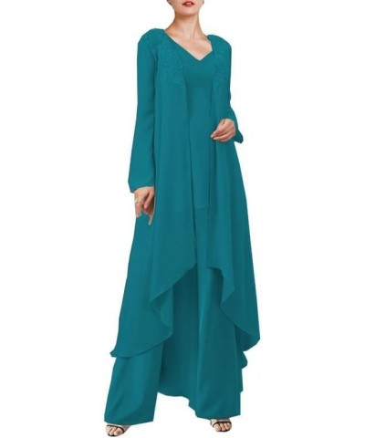 Mother of The Bride Dresses 3 Pieces Pant Suits - Formal Dress with Long Jacket Teal $42.55 Suits