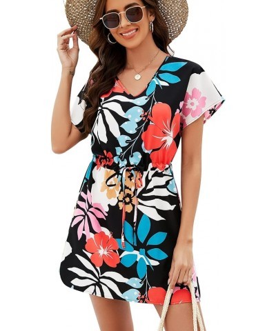 Women Casual Sexy Swim Cover up V-Neck Summer Beachwear Coverups Flowy Short Sleeve Mini Beach Dress (XS-XXL) Floral17 $18.23...