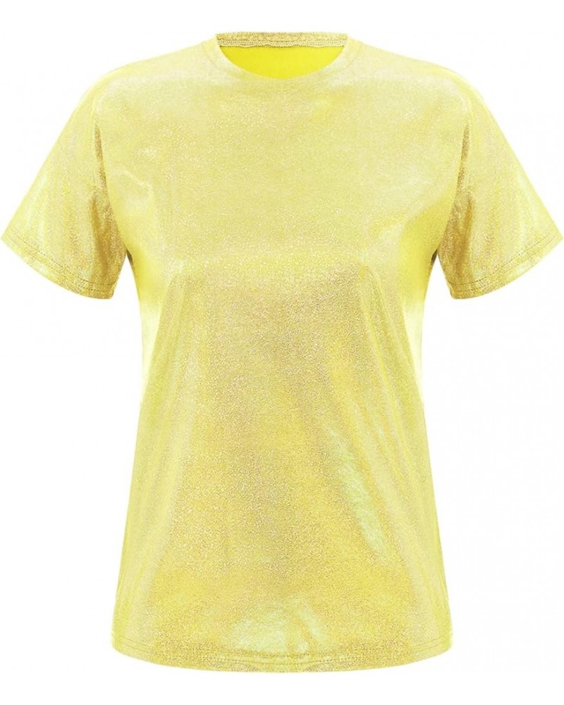 Shiny Tops for Women Metallic Holographic Shirt Party Shimmer Sparkle Disco T-Shirt Blouse Shiny Gold $5.94 Tees