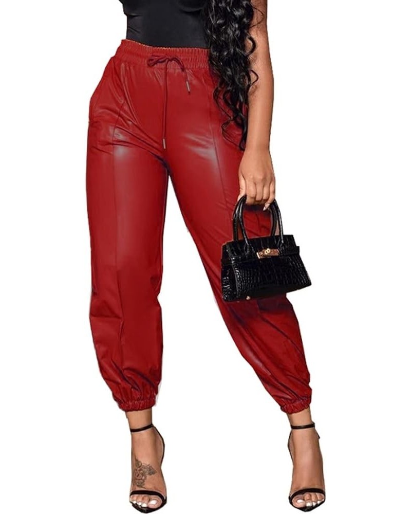 Women's Faux Leather Jogger Pants Casual Elastic Mid Waist Drawstring Lace Up Wide Leg Striped PU Leather Trousers Red $14.29...