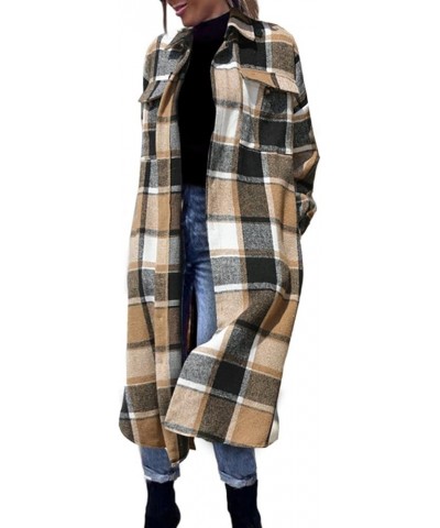 Women’s Long Plaid Shacket Wool Blend Button Down Shirt Jacket Coat with Pockets Khaki $17.10 Coats