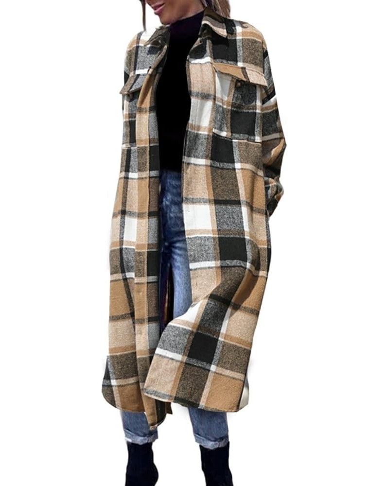 Women’s Long Plaid Shacket Wool Blend Button Down Shirt Jacket Coat with Pockets Khaki $17.10 Coats