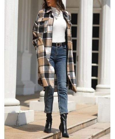 Women’s Long Plaid Shacket Wool Blend Button Down Shirt Jacket Coat with Pockets Khaki $17.10 Coats