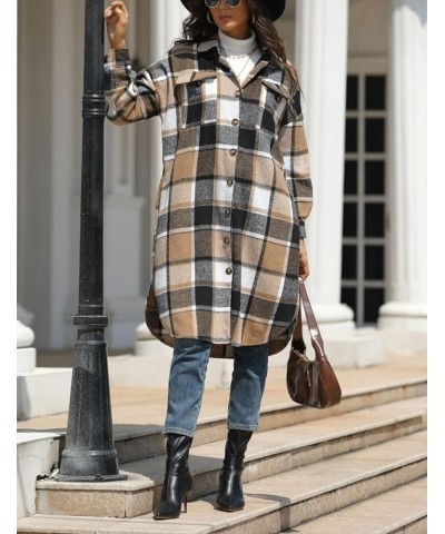 Women’s Long Plaid Shacket Wool Blend Button Down Shirt Jacket Coat with Pockets Khaki $17.10 Coats