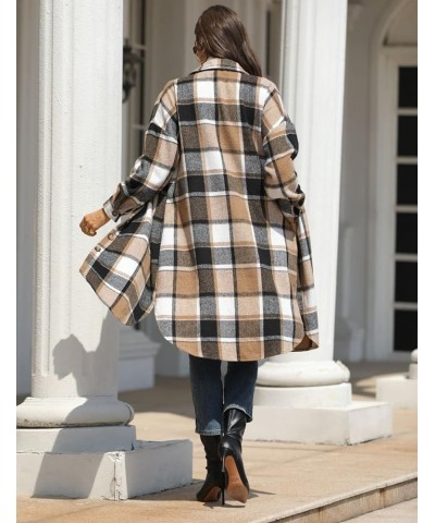 Women’s Long Plaid Shacket Wool Blend Button Down Shirt Jacket Coat with Pockets Khaki $17.10 Coats