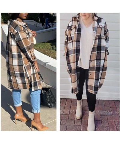 Women’s Long Plaid Shacket Wool Blend Button Down Shirt Jacket Coat with Pockets Khaki $17.10 Coats