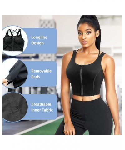 Longline Sports Bra Criss Cross Top for Women Strappy Wireless Bra Zip Front Workout Crop top Padded Tank top Black $15.80 Li...