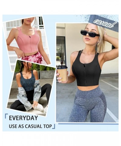 Longline Sports Bra Criss Cross Top for Women Strappy Wireless Bra Zip Front Workout Crop top Padded Tank top Black $15.80 Li...