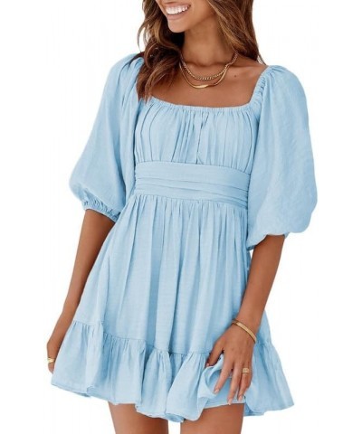 Womens Summer Dresses Square Neck Tie Back Lantern Sleeve Ruffle A-Line Casual Dress 6 Blue $18.90 Dresses