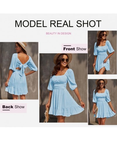 Womens Summer Dresses Square Neck Tie Back Lantern Sleeve Ruffle A-Line Casual Dress 6 Blue $18.90 Dresses