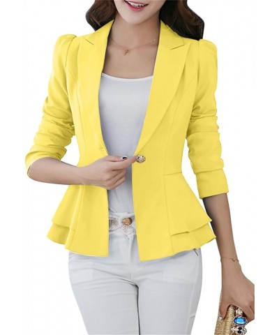 Womens Solid Color 3/4 Sleeve Blazers with Single Button Ruffle Hem Jackets Tunic Slim Fit Office Tops Yellow $15.11 Blazers