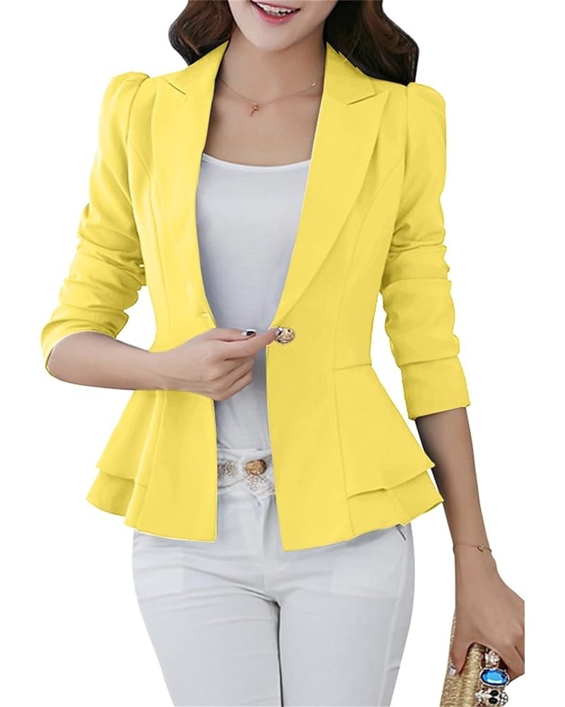 Womens Solid Color 3/4 Sleeve Blazers with Single Button Ruffle Hem Jackets Tunic Slim Fit Office Tops Yellow $15.11 Blazers