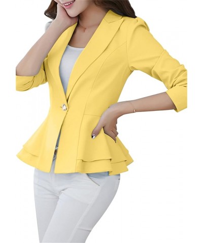 Womens Solid Color 3/4 Sleeve Blazers with Single Button Ruffle Hem Jackets Tunic Slim Fit Office Tops Yellow $15.11 Blazers