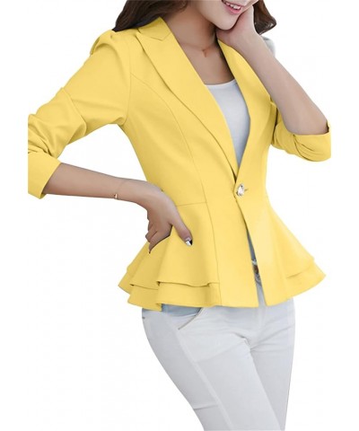 Womens Solid Color 3/4 Sleeve Blazers with Single Button Ruffle Hem Jackets Tunic Slim Fit Office Tops Yellow $15.11 Blazers