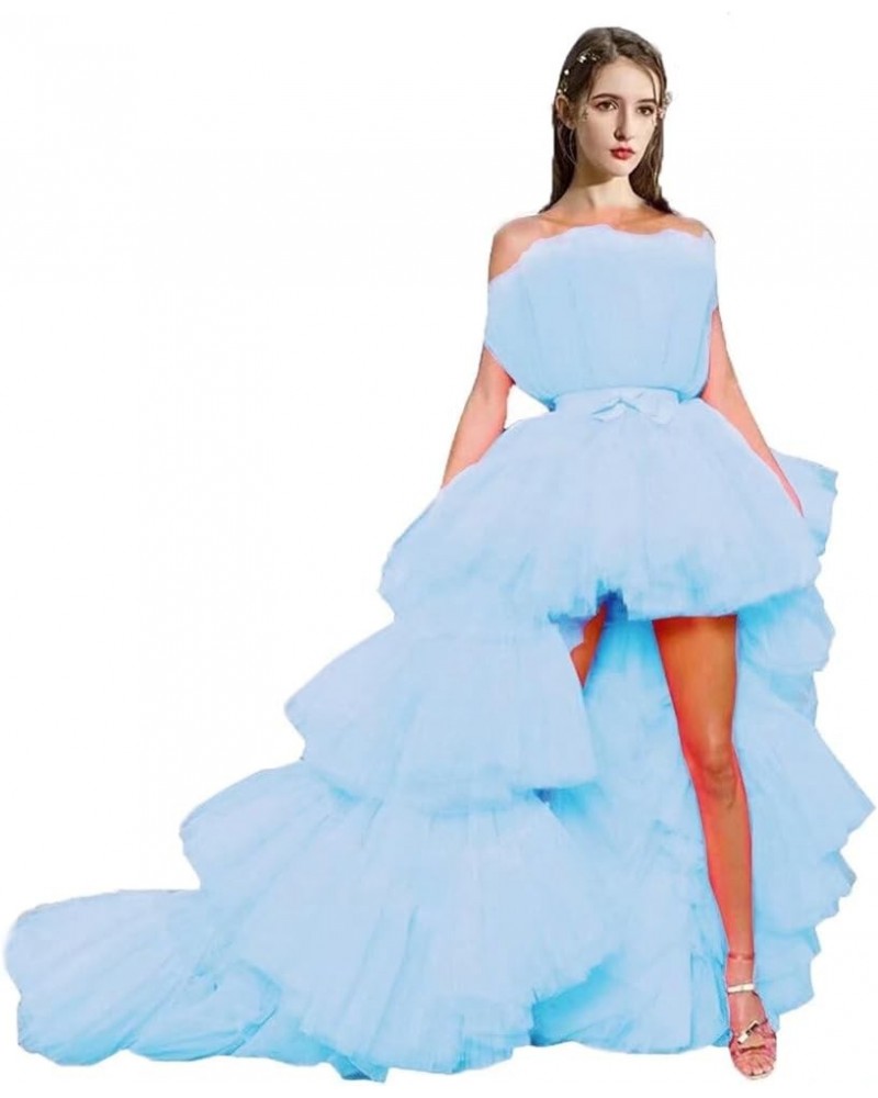 Women Tiered High Low Prom Dress Bow Sash Tulle Homecoming Pageant Dresses Long Light Blue $35.65 Dresses