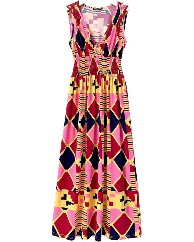 Casual Smocked Dress, Exotic Print Maxi/Midi Dress, V Neck, Plus & Regular Sizes, Maternity/Nursing Dresses Tribal Pink Burgu...