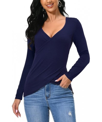 Women Deep V Neck Low Cut Long Sleeve Slim Shirt Tee Top Blouse Navy Blue $10.55 Blouses