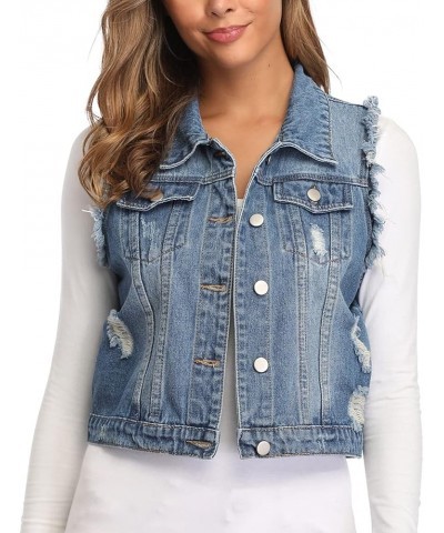 Women's Crop Distressed Ripped Jean Vests Classic Sleeveless Jean Vest Jackets With Flap Pockets 2-mid Blue $18.80 Jackets