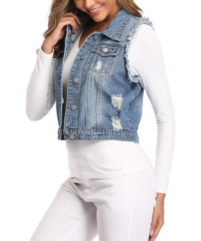 Women's Crop Distressed Ripped Jean Vests Classic Sleeveless Jean Vest Jackets With Flap Pockets 2-mid Blue $18.80 Jackets