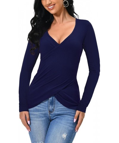 Women Deep V Neck Low Cut Long Sleeve Slim Shirt Tee Top Blouse Navy Blue $10.55 Blouses