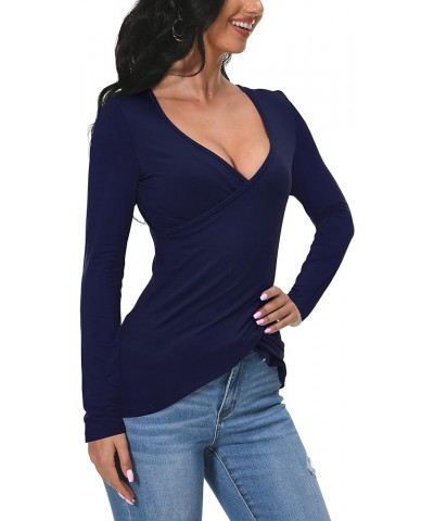 Women Deep V Neck Low Cut Long Sleeve Slim Shirt Tee Top Blouse Navy Blue $10.55 Blouses