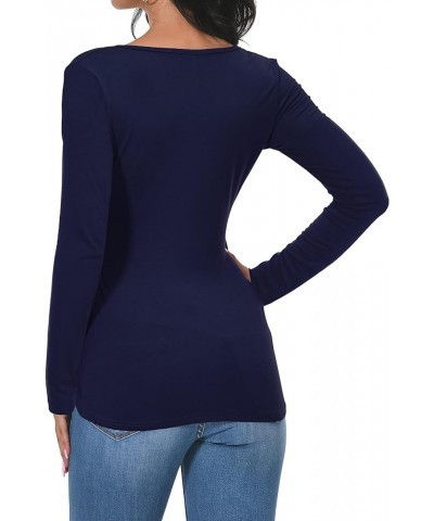 Women Deep V Neck Low Cut Long Sleeve Slim Shirt Tee Top Blouse Navy Blue $10.55 Blouses