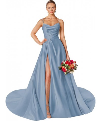 Women's Off The Shoulder Satin Prom Dresses Spaghetti Strap Formal Evening Gown with Slit Dusty Blue $45.04 Dresses