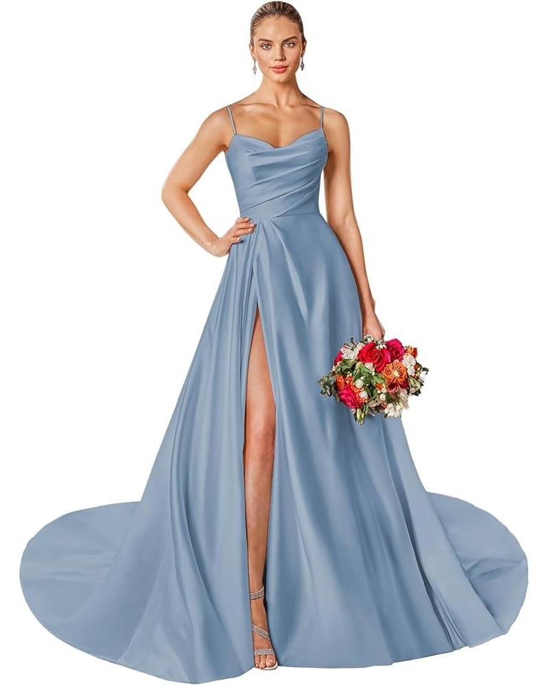 Women's Off The Shoulder Satin Prom Dresses Spaghetti Strap Formal Evening Gown with Slit Dusty Blue $45.04 Dresses