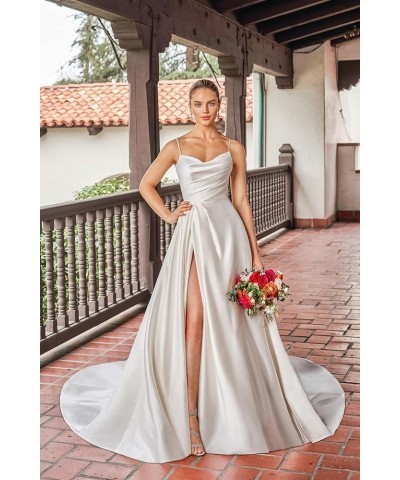 Women's Off The Shoulder Satin Prom Dresses Spaghetti Strap Formal Evening Gown with Slit Dusty Blue $45.04 Dresses