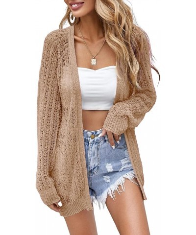 Women Crochet Lightweight Cardigan Cover Up Open Front Long Sleeve Summer Cardigans Khaki $21.65 Sweaters