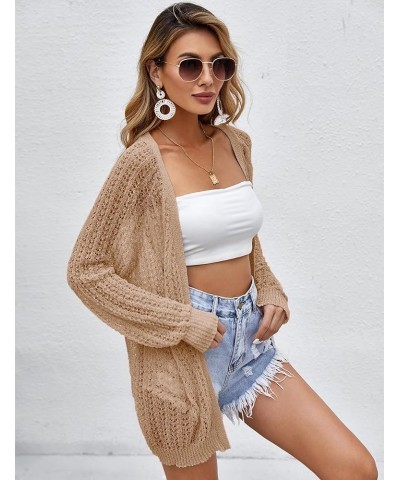 Women Crochet Lightweight Cardigan Cover Up Open Front Long Sleeve Summer Cardigans Khaki $21.65 Sweaters