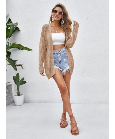 Women Crochet Lightweight Cardigan Cover Up Open Front Long Sleeve Summer Cardigans Khaki $21.65 Sweaters