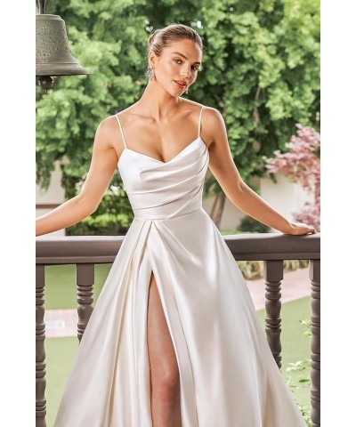 Women's Off The Shoulder Satin Prom Dresses Spaghetti Strap Formal Evening Gown with Slit Dusty Blue $45.04 Dresses