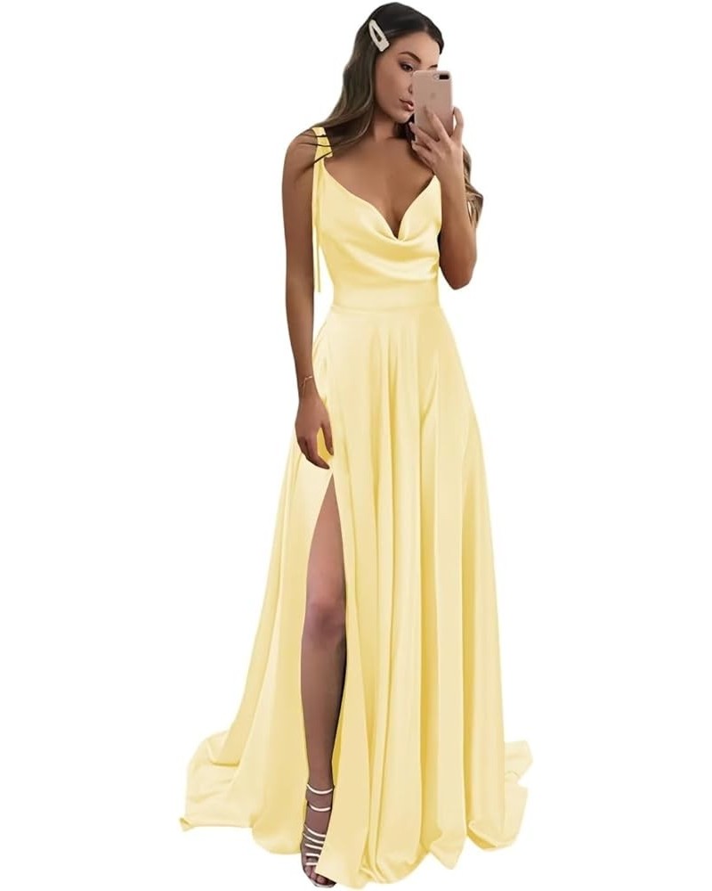 Womens High Split Satin Long Prom Dresses 2024 Adjustable Spaghetti Straps Formal Party Gowns with Pockets MDPM154 Yellow $25...