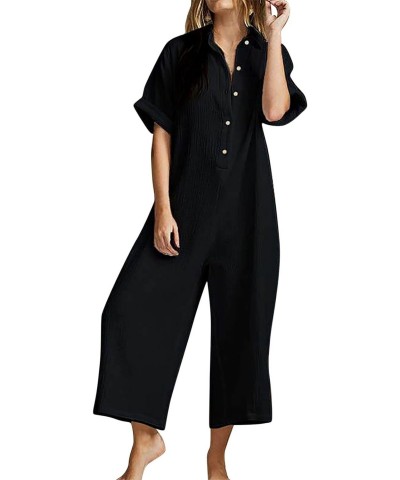 Linen Jumpsuits For Women Summer Short Sleeve Button Down Romper With Pockets Black White Vintage Retro Boho Bohemian Casual ...