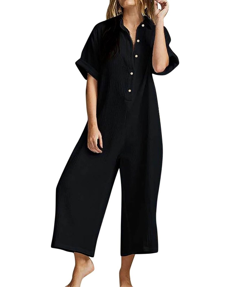 Linen Jumpsuits For Women Summer Short Sleeve Button Down Romper With Pockets Black White Vintage Retro Boho Bohemian Casual ...