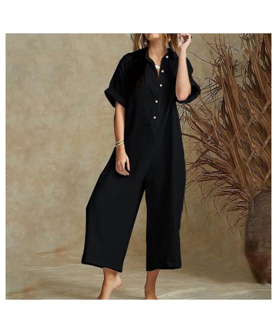 Linen Jumpsuits For Women Summer Short Sleeve Button Down Romper With Pockets Black White Vintage Retro Boho Bohemian Casual ...