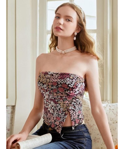 Women Floral Mesh Strapless Ruched Tube Top Split Hem Sleeveless Bandeau Crop Tops Floral Black $11.39 Tanks